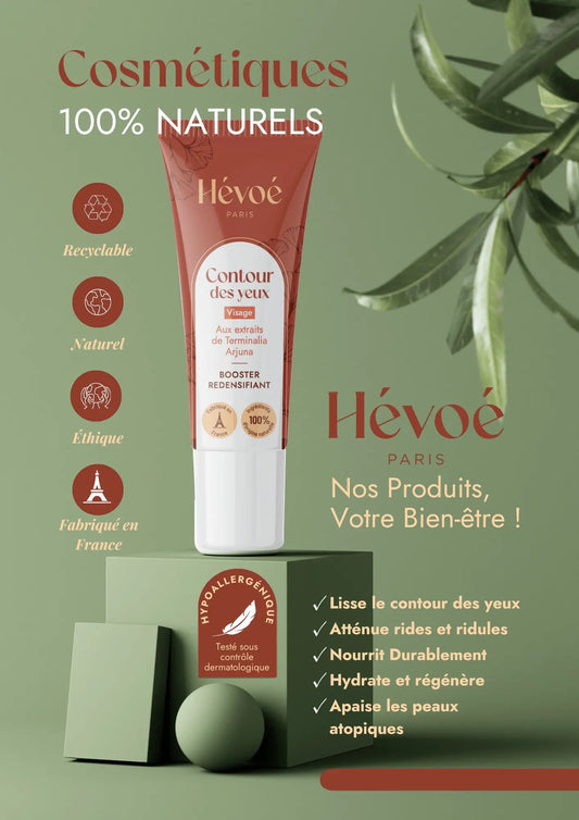 HEVOE Crème Contour des Yeux : tube de soin 100% naturel, réduit poches et cernes, lisse rides. Fabriqué en France.