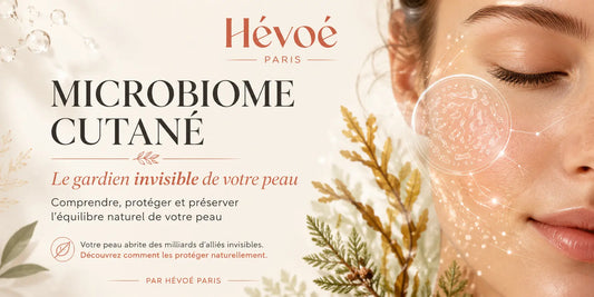 Une peau lumineuse et saine Des micro-particules ou cercles translucides évoquant le microbiome Des lignes fines rappelant un écosystème vivant Quelques touches de séquoia et d'algues brunes en arrière-plan