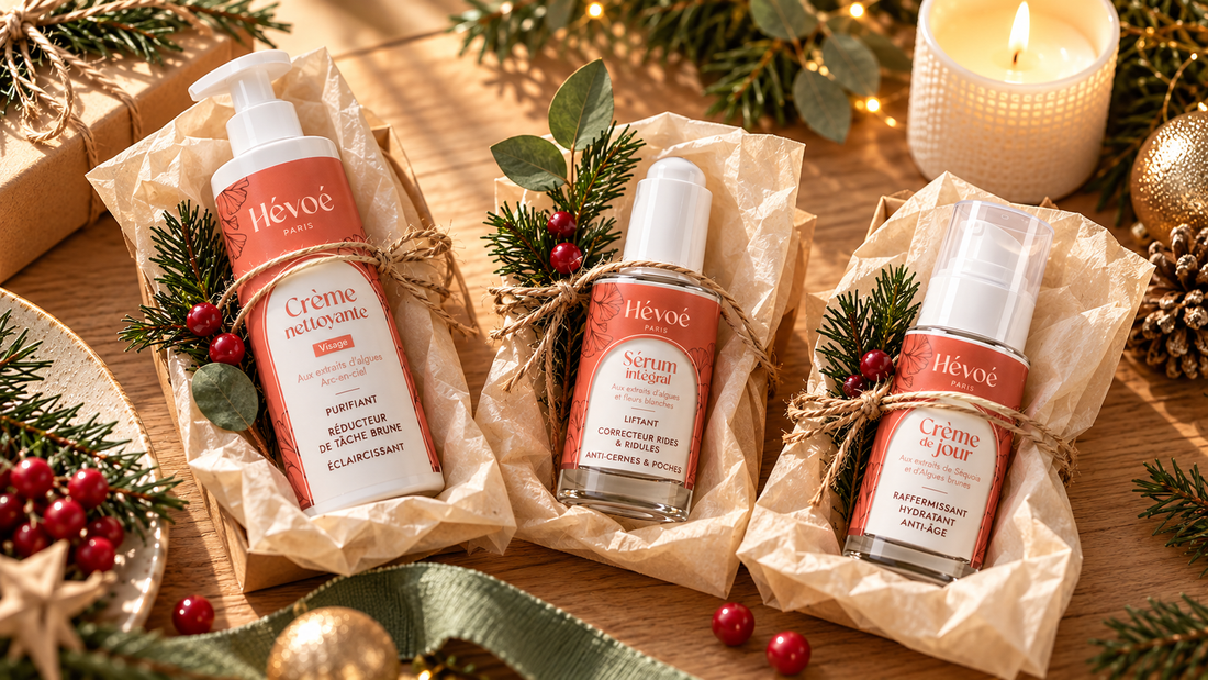 Trois soins visage naturels Hévoé emballés en cadeaux pour Noël