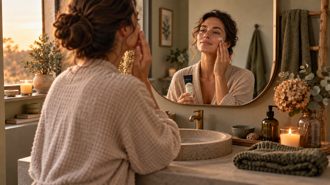Routine skin cycling naturelle Hévoé le soir en automne, soins visage 100 % naturels fabriqués en France