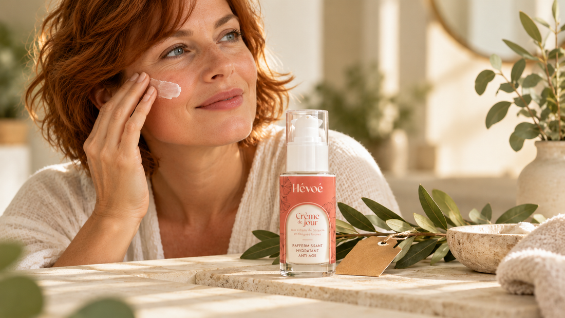 Flacon de soin visage naturel posé à côté d'une étiquette de cosmétique et de feuilles de plantes, lumière douce