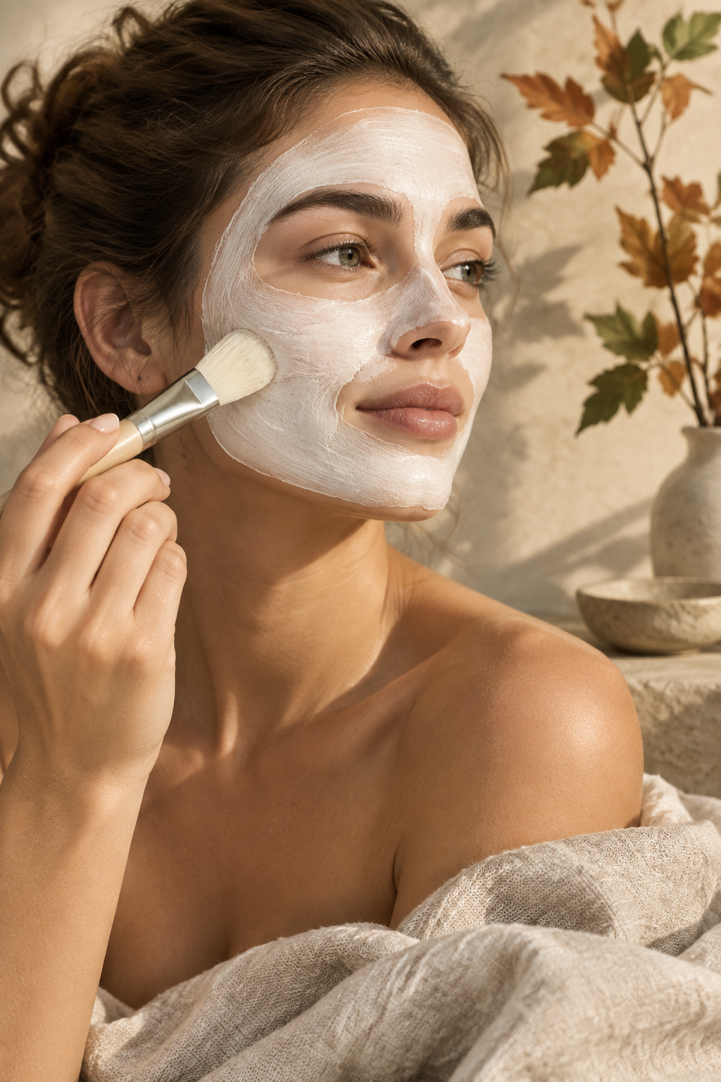 Application d'un masque visage régénérant au pinceau — rituel skincare automne Hévoé