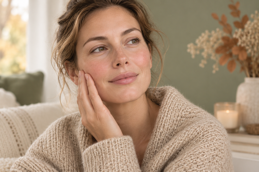 Femme au teint frais touchant sa joue, peau apaisée en automne — soins naturels Hévoé pour peau réactive