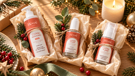Coffrets de soins visage naturels Hévoé dans une ambiance de Noël pour un teint lumineux avant les fêtes