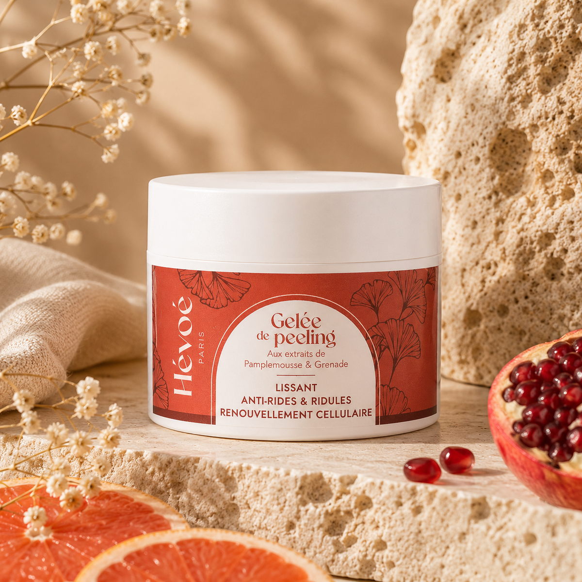 gelee de peeling hevoe sur pierre avec grenade et pamplemousse 