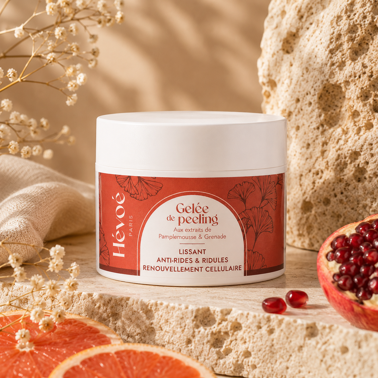 gelee de peeling hevoe sur pierre avec grenade et pamplemousse 