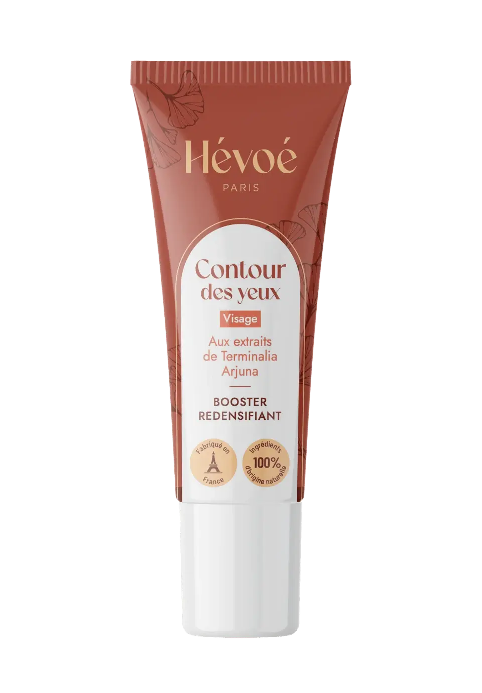 Tube de crème contour des yeux HEVOE, booster redensifiant aux extraits de Terminalia Arjuna, 100% d'origine naturelle.
