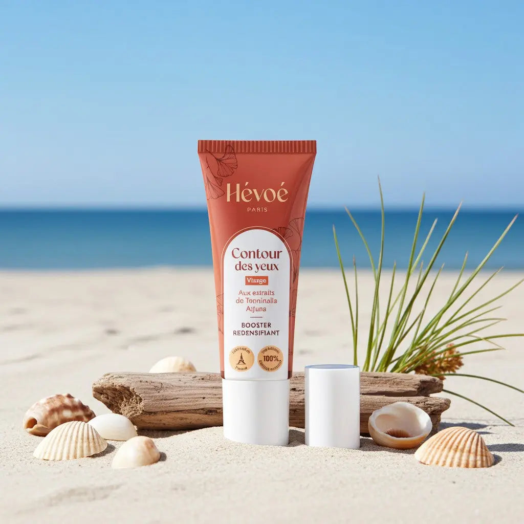 HEVOE Crème Contour des Yeux, tube orange sur fond de plage, pour un regard reposé.