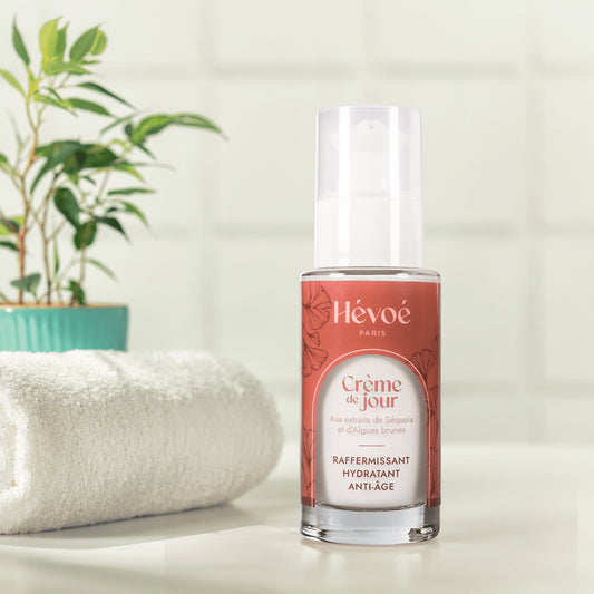 HEVOE Crème de Jour, soin hydratant anti-âge 100% naturel avec extraits de Séquoia et d'Algues brunes.