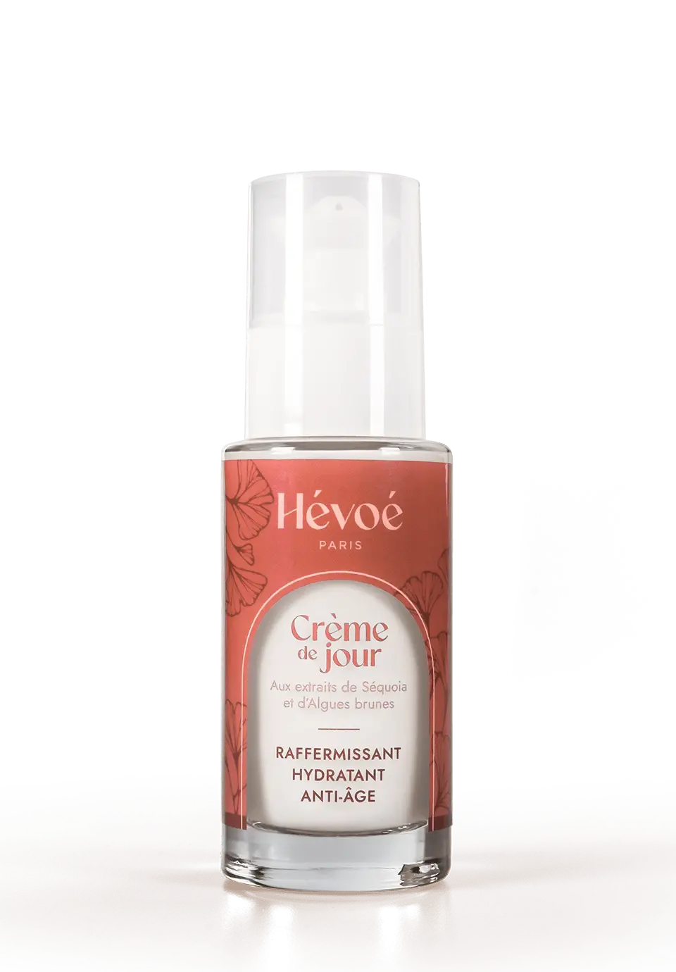 HEVOE Crème de Jour flacon pompe transparent avec étiquette corail et motifs végétaux, formule 100% naturelle hydratante et anti-âge.