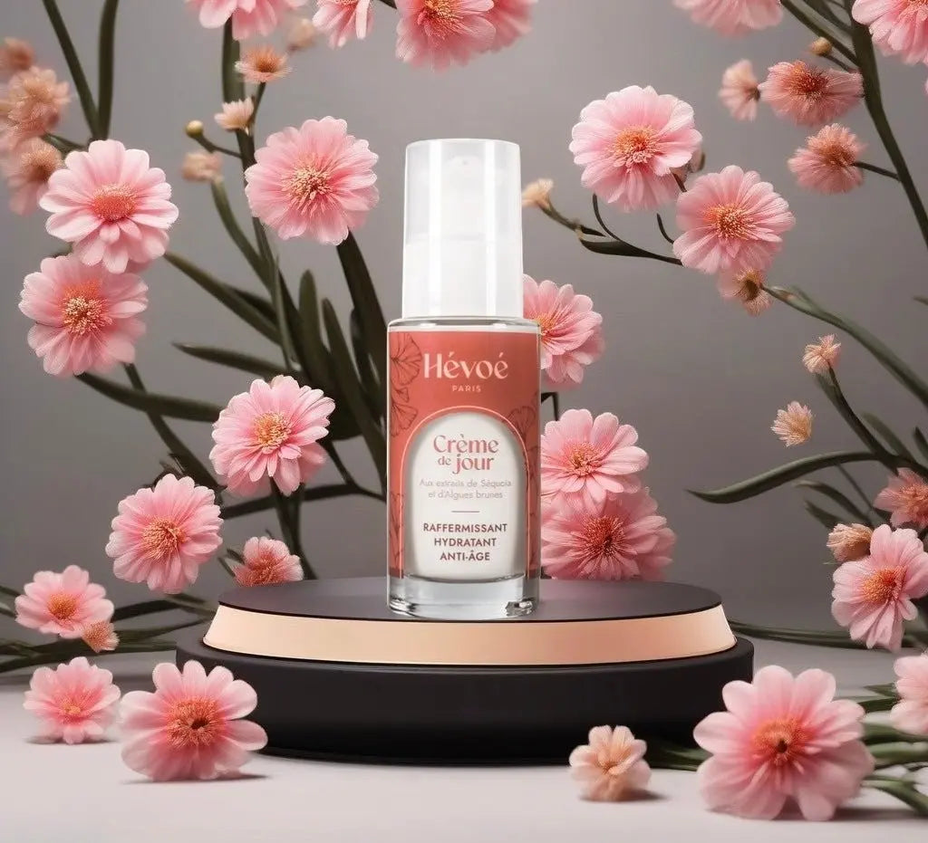 HEVOE Crème de Jour flacon pompe blanc et rose avec texte, aux extraits de Séquoia et d'Algues brunes, raffermissant, hydratant, anti-âge.