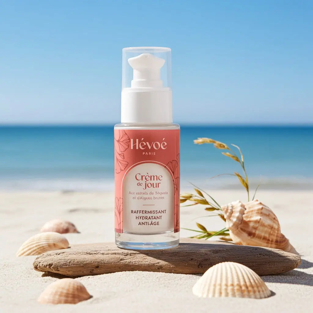 HEVOE Crème de Jour hydratante et raffermissante anti-âge, flacon pompe sur fond de plage.