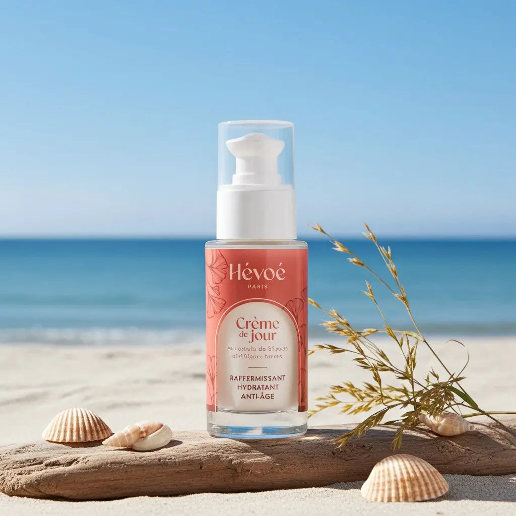 HEVOE Crème de Jour flacon pompe 100% naturelle, hydratante, raffermissante et anti-âge, sur un lit de sable avec des coquillages.