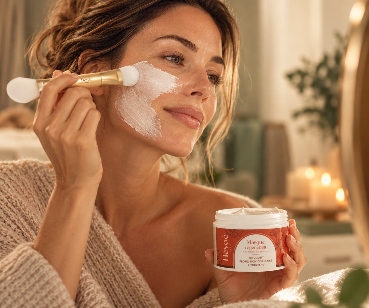 Femme appliquant le Masque Régénérant Hévoé au pinceau applicateur