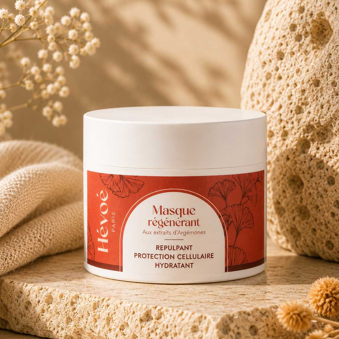 masque regenerant hevoe sur pierre beige 