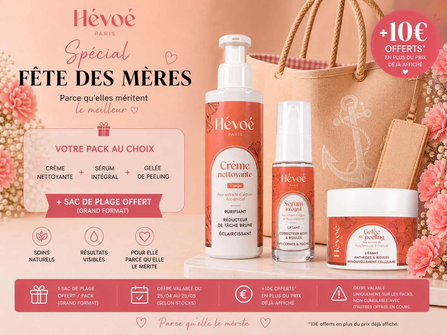 Offre Fête des Mères – Rituel Peau Neuve (Nettoyant + Sérum + Peeling + Sac Offert)