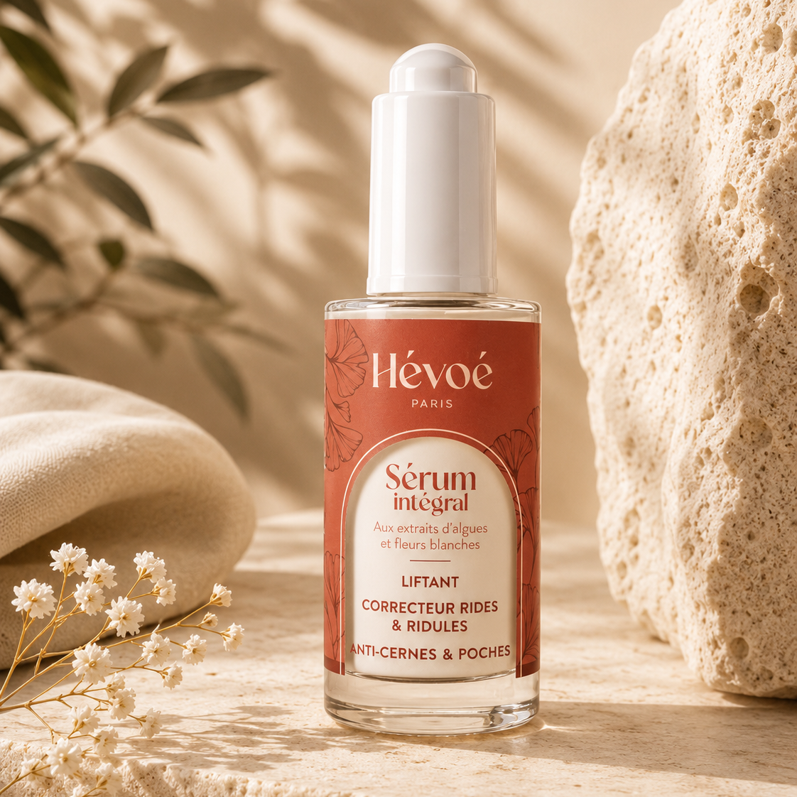 serum integral hevoe sur pierre avec fleurs blanches